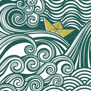 Sea Adventure Block Print Large Scale- Emerald Green and Mustard- Golden Yellow- Origami Paper Boat- Japanese- Big Wave Hokusai- Nautical Home Decor- Waves Wallpaper