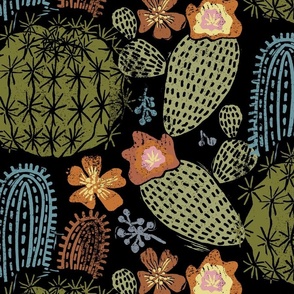 Cactus Garden Large on Black Block Print Style