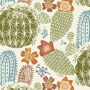 Cactus Garden Large on Cream Block Print Style