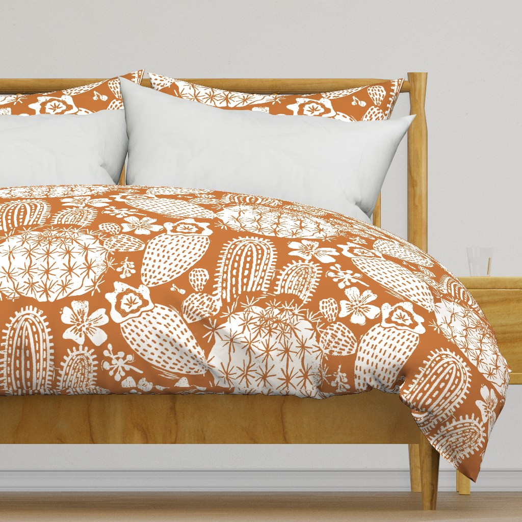 Cactus Garden White on Orange Block Print Style