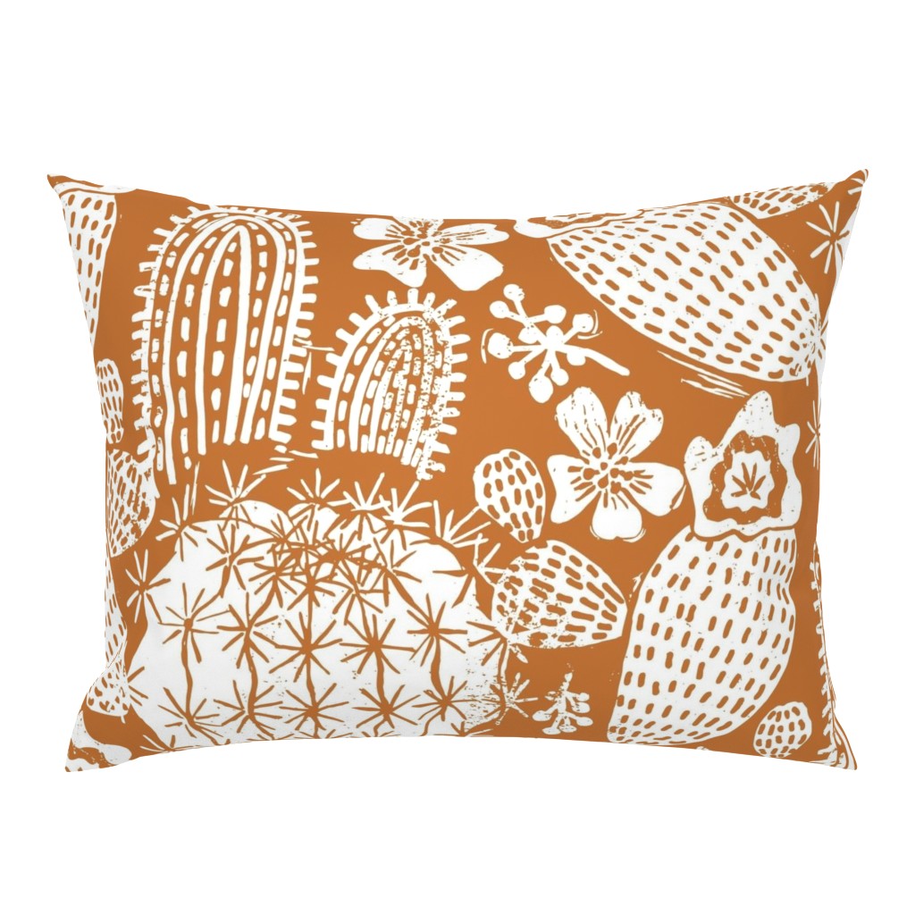 Cactus Garden White on Orange Block Print Style