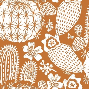 Cactus Garden White on Orange Block Print Style