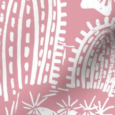 Cactus Garden White on Pink Block Print Style