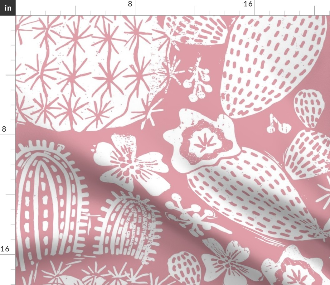 Cactus Garden White on Pink Block Print Style