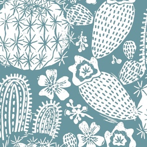Cactus Garden White on Teal Block Print Style