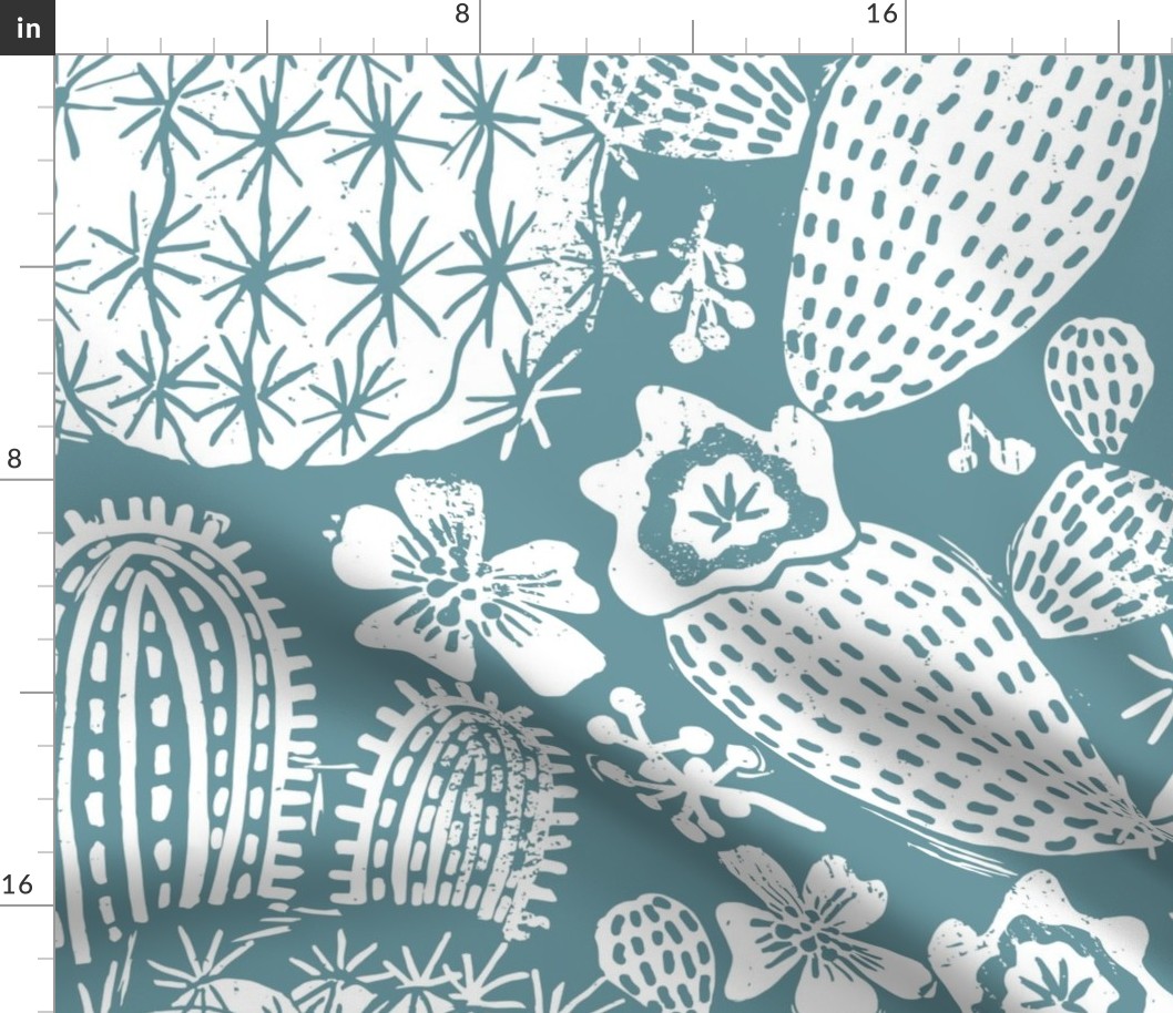 Cactus Garden White on Teal Block Print Style
