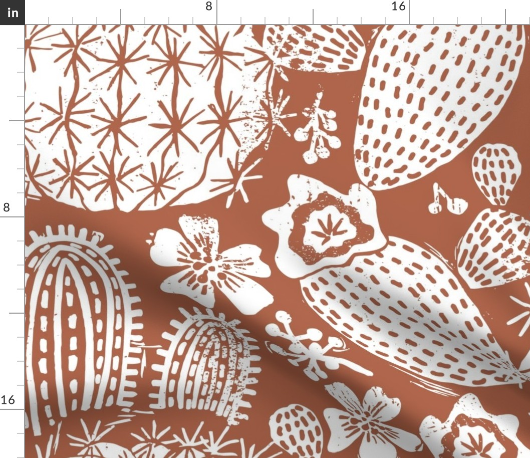Cactus Garden White on Red Terra Cotta Block Print Style