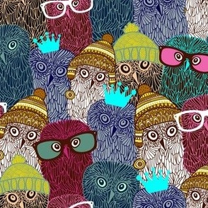 Crowd of colorful owl birds