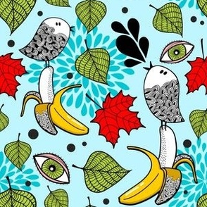 Bird dancing on banana