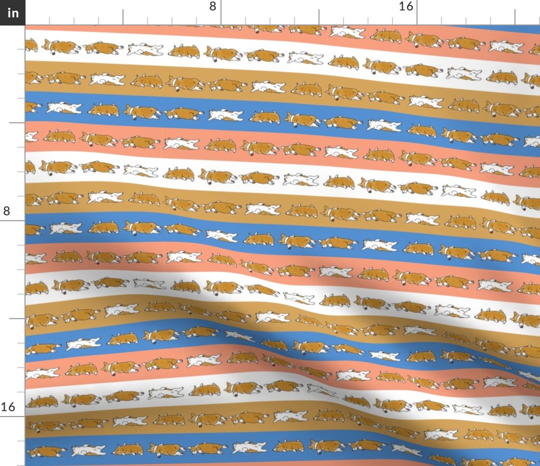 Corgi Puppies Sploot on Four Color Stripe