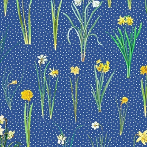 Daffodils and polka dots on blue ground