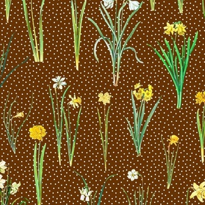 Daffodils and polka dots on brown ground