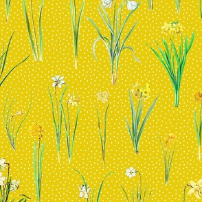 Daffodils and polka dots on dark yellow ground