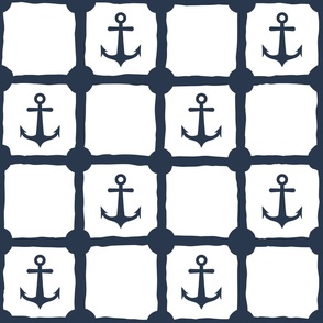 Large scale nautical anchor white and navy wide net mesh checkered pattern