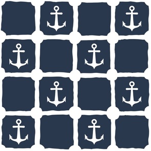 Large scale nautical anchor navy blue and white wide net mesh checkered pattern