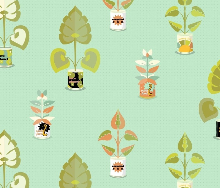 A lot of exotic plants in recycled cans created in retro/vintage vibe seamless pattern 