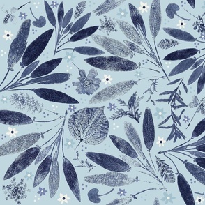 block print indigo leaves aqua