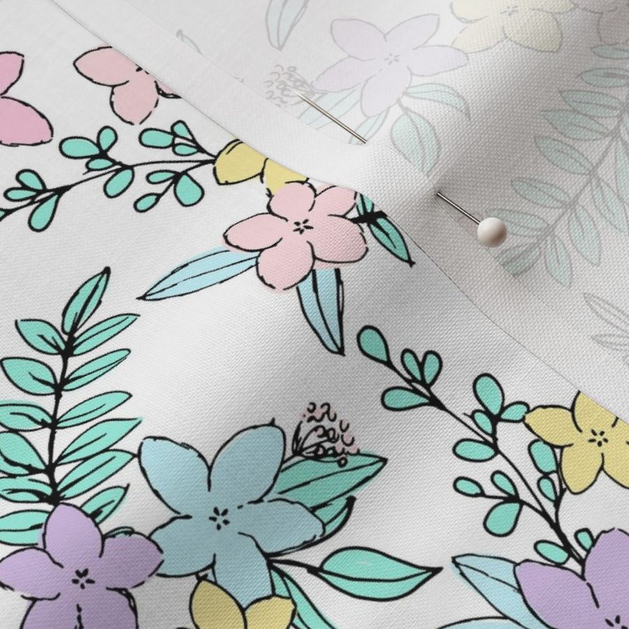 Freehand spring garden romantic vintage style botanical leaves and flowers blossom neon eighties lilac blue pink on white