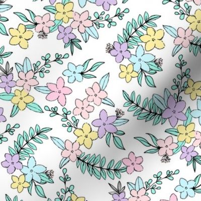 Freehand spring garden romantic vintage style botanical leaves and flowers blossom neon eighties lilac blue pink on white