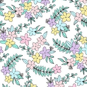 Freehand spring garden romantic vintage style botanical leaves and flowers blossom neon eighties lilac blue pink on white