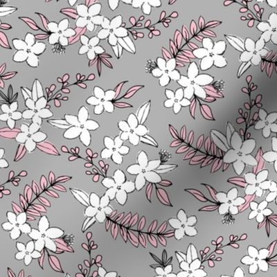 Freehand spring garden romantic vintage style botanical leaves and flowers blossom seventies vibes nursery baby soft pink white on cool gray