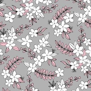 Freehand spring garden romantic vintage style botanical leaves and flowers blossom seventies vibes nursery baby soft pink white on cool gray