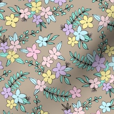 Freehand spring garden romantic vintage style botanical leaves and flowers blossom neon eighties lilac blue pink on warm gray beige
