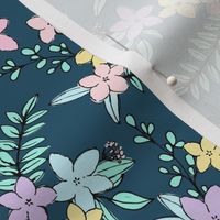 Freehand spring garden romantic vintage style botanical leaves and flowers blossom neon eighties lilac blue pink on teal blue night