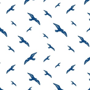 Blockprint seagulls blue on  white  -medium