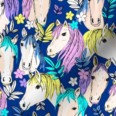 Nineties revival cute horses ranch freehand illustration leaves and flowers kids design retro style pink lilac yellow on eclectic blue 