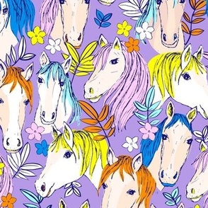 Nineties revival cute horses ranch freehand illustration leaves and flowers kids design retro style pink blue yellow pastel on bright lilac