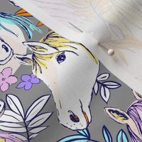 Nineties revival cute horses ranch freehand illustration leaves and flowers kids design retro style pink lilac orange yellow on gray 