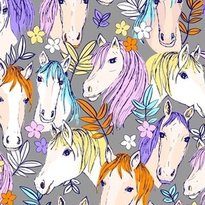 Nineties revival cute horses ranch freehand illustration leaves and flowers kids design retro style pink lilac orange yellow on gray 