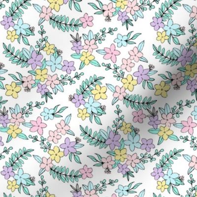 Freehand spring garden romantic vintage style botanical leaves and flowers blossom neon eighties lilac blue pink on white SMALL