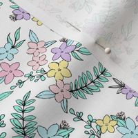 Freehand spring garden romantic vintage style botanical leaves and flowers blossom neon eighties lilac blue pink on white SMALL