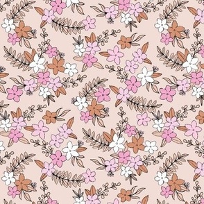 Freehand spring garden romantic vintage style botanical leaves and flowers blossom seventies vibes nursery baby soft pink orange on blush SMALL 