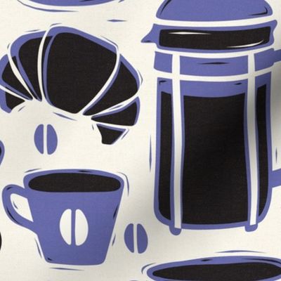 French Café - Block Print Coffee Ivory Periwinkle Large Scale