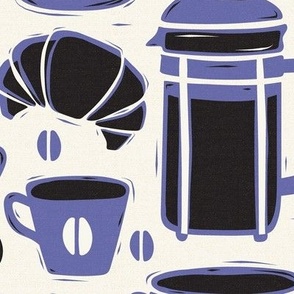 French Café - Block Print Coffee Ivory Periwinkle Large Scale