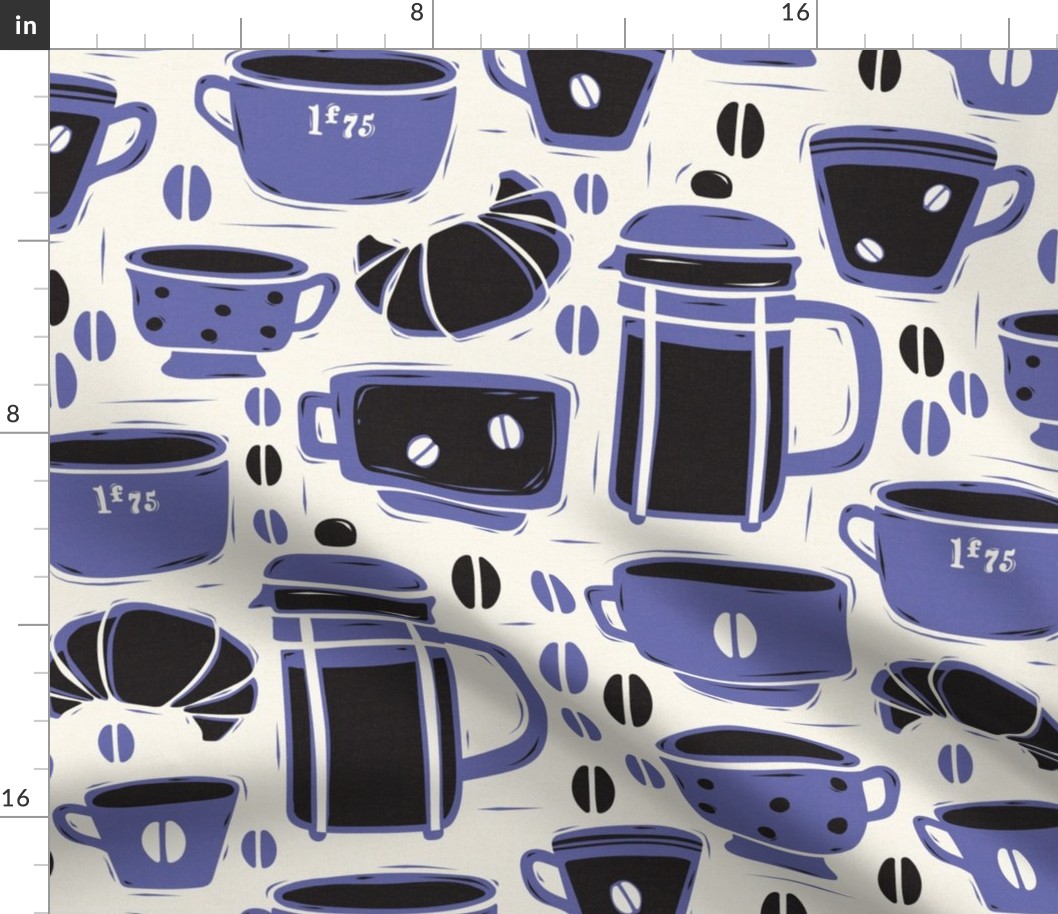 French Café - Block Print Coffee Ivory Periwinkle Large Scale