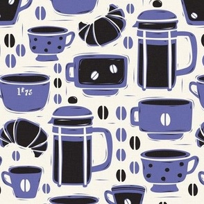 French Café - Block Print Coffee Ivory Periwinkle Regular Scale