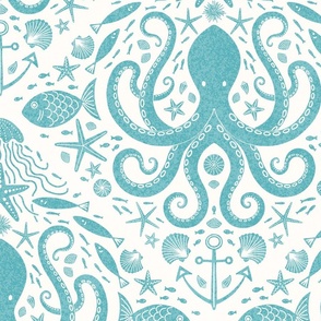 Underwater Adventure Octopus block print XL wallpaper scale antique turquoise by Pippa Shaw