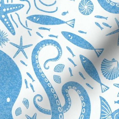 Underwater Adventure Octopus block print XL wallpaper scale sky blue by Pippa Shaw