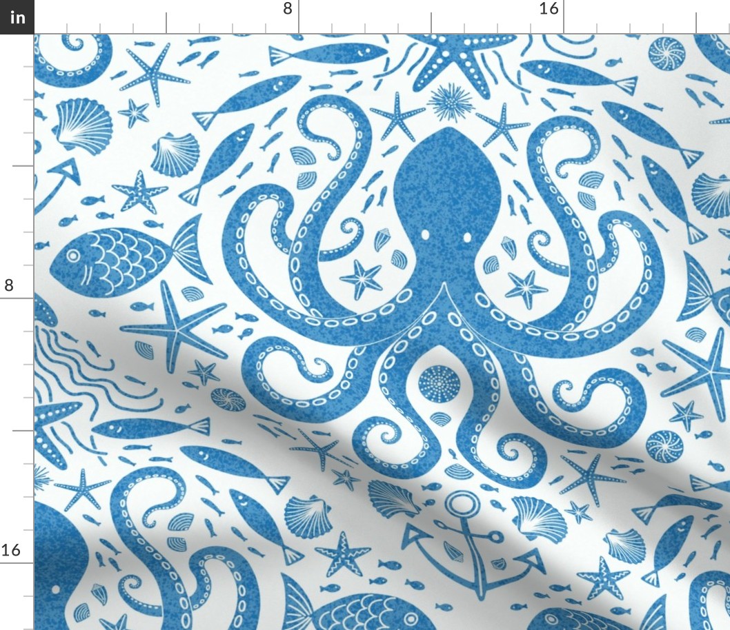 Underwater Adventure Octopus block print XL wallpaper scale marine blue by Pippa Shaw