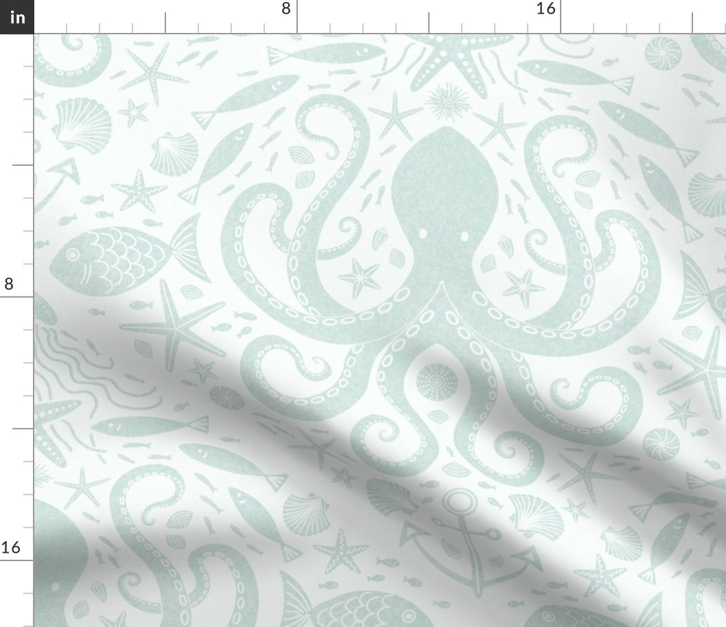 Underwater Adventure Octopus block print XL wallpaper scale silver seafoam by Pippa Shaw