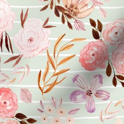 12” Maddi Floral on Honeydew Stripe - Pretty Watercolor Flowers Pink Coral Peach Blush Gold, 12” repeat GL-MF1