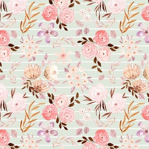 12” Maddi Floral on Honeydew Stripe - Pretty Watercolor Flowers Pink Coral Peach Blush Gold, 12” repeat GL-MF1