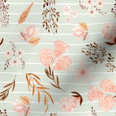 8” Maddi Floral on Honeydew Stripe - Pretty Watercolor Flowers Pink Coral Peach Blush Gold, 8” repeat GL-MF3