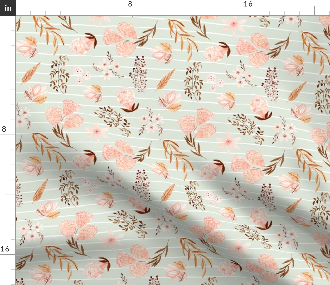 8” Maddi Floral on Honeydew Stripe - Pretty Watercolor Flowers Pink Coral Peach Blush Gold, 8” repeat GL-MF3