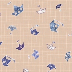 Paperboats on grid check beige background