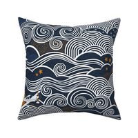 Cozy Night Sky with Planes Large- Full Moon and Stars Over the Clouds- Navy Blue- Indigo- Gold- Mustard- Home Decor- Wallpaper